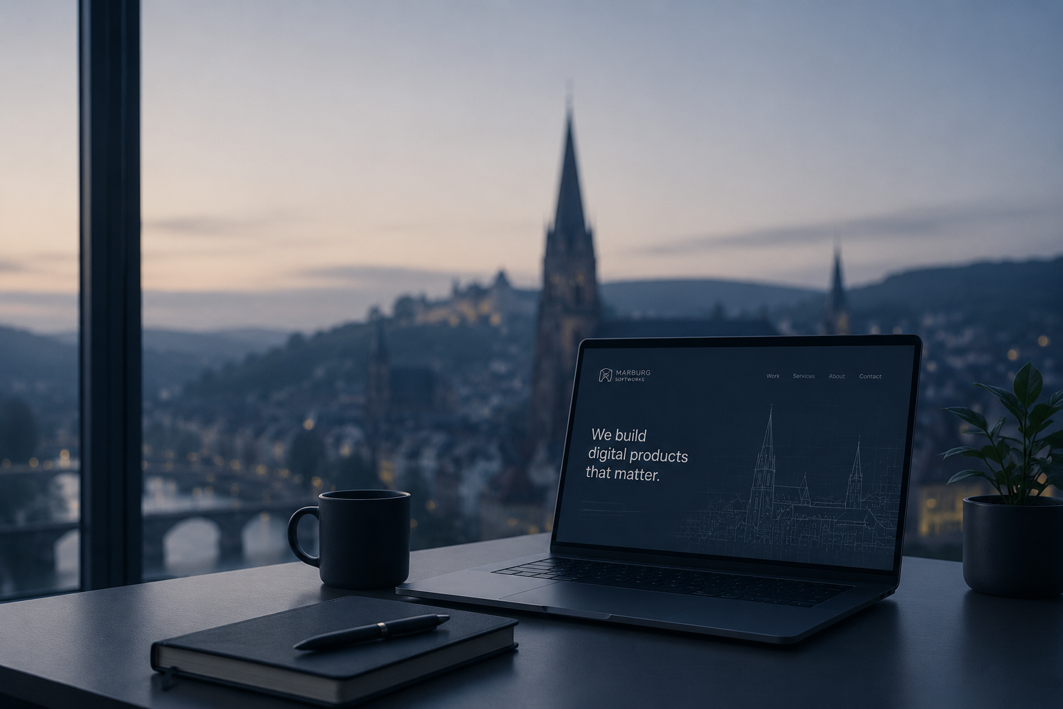A laptop on a desk at dusk showing the Marburg.tech site, the city and castle framed in the window behind