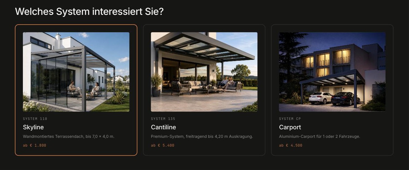 Step one of the Aluxil configurator, “Welches System interessiert Sie?” — three selectable system cards, each with a photograph, a one-line summary and a starting price: Skyline from €1,800, Cantiline from €5,400, Carport from €4,500.