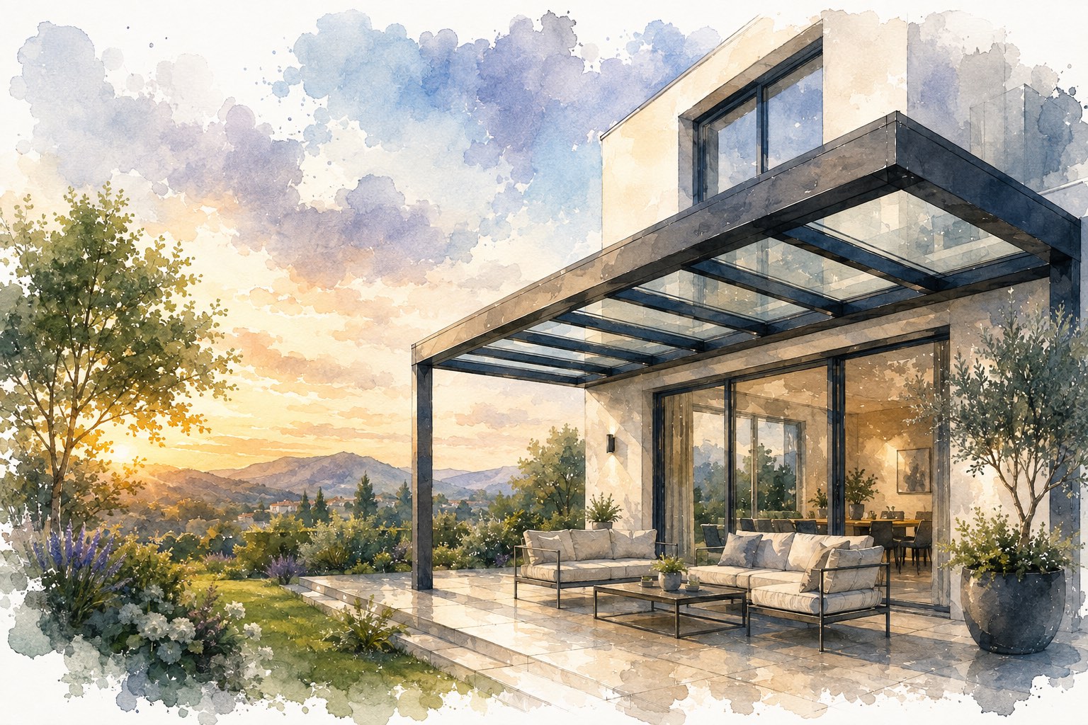 The Aluxil home page: an aluminium terrace roof over a furnished patio at dusk, under the headline “Ein Dach. Eine klare Linie. Architektur fürs Freie.”