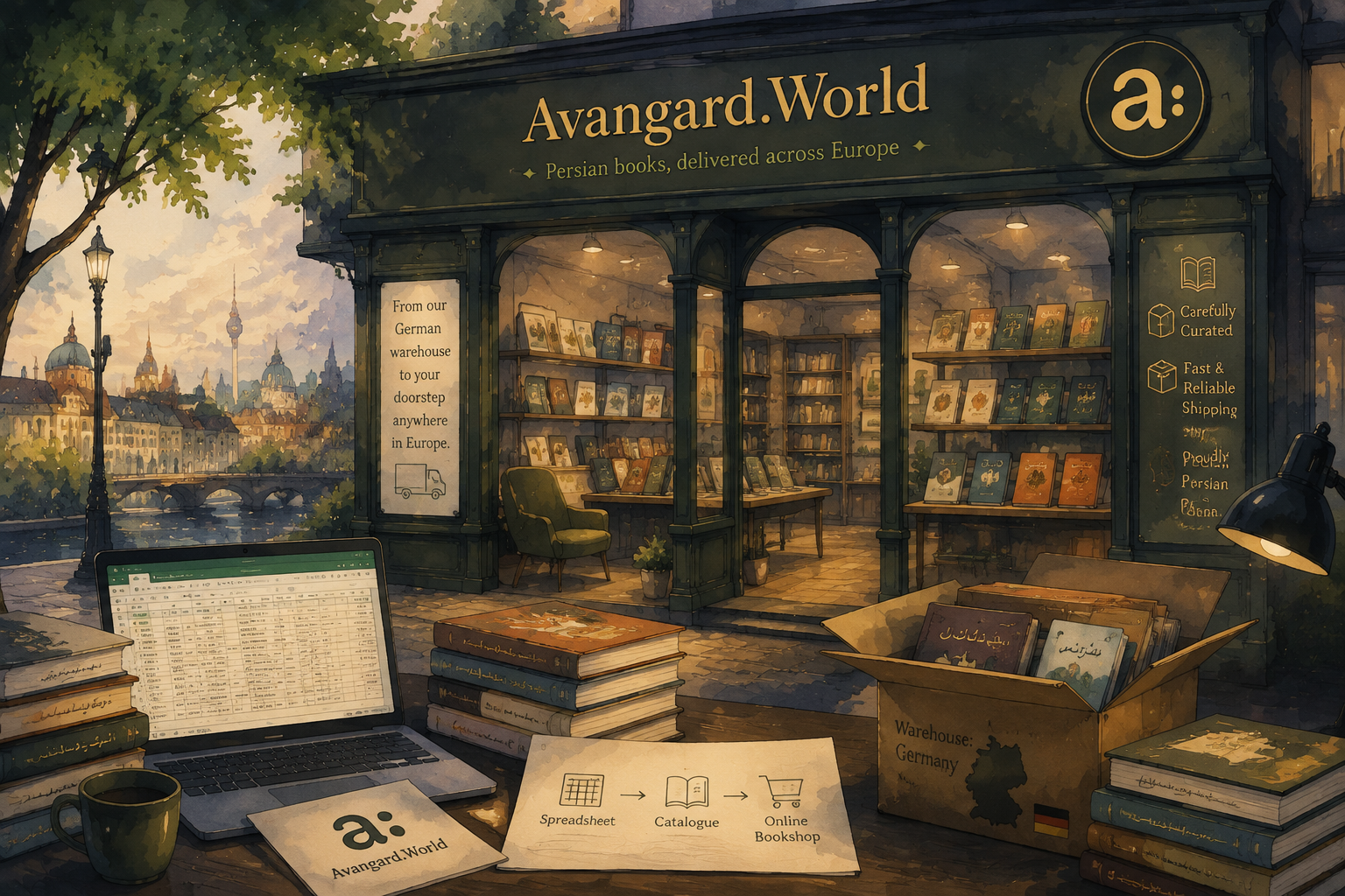 The Avangard.World home page: the avangard wordmark above a right-to-left Persian navigation, an olive hero band reading “آوانگارد — گزیدهای از ادبیات فارسی” with a call to action, three promise cards covering Europe-wide shipping, a curated selection and transparent pricing, and the top of the کتابها (Books) row below them.