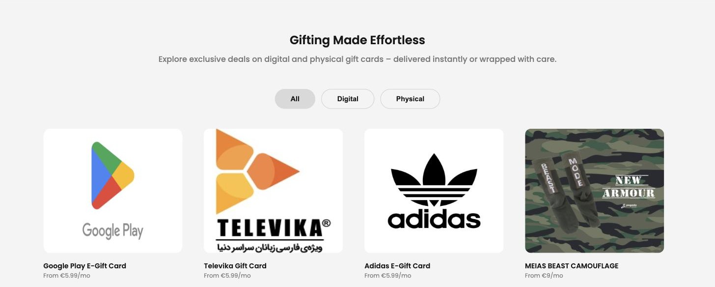 The Giftooly catalogue: an All / Digital / Physical filter above a grid of gift-card and merchandise tiles, each with a monthly price.