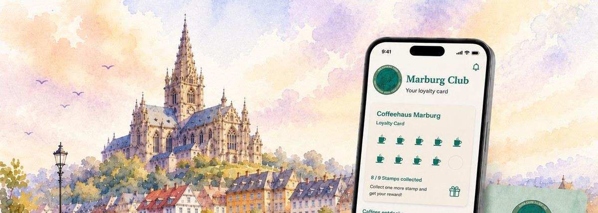 The Marburg Club loyalty app — a watercolour of the Marburg castle above the old town, with the app showing a Coffeehaus Marburg loyalty card at 8 of 9 stamps collected.