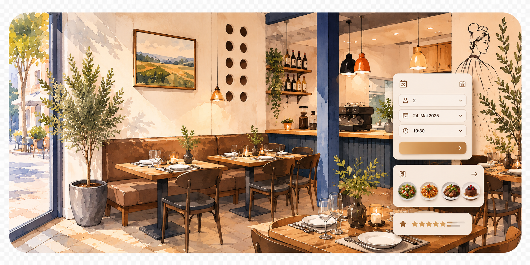 The Rumi Restaurant site — a warm, watercolour dining room with a table-reservation panel showing guest count, date and time, a menu dish selector, and a star rating.