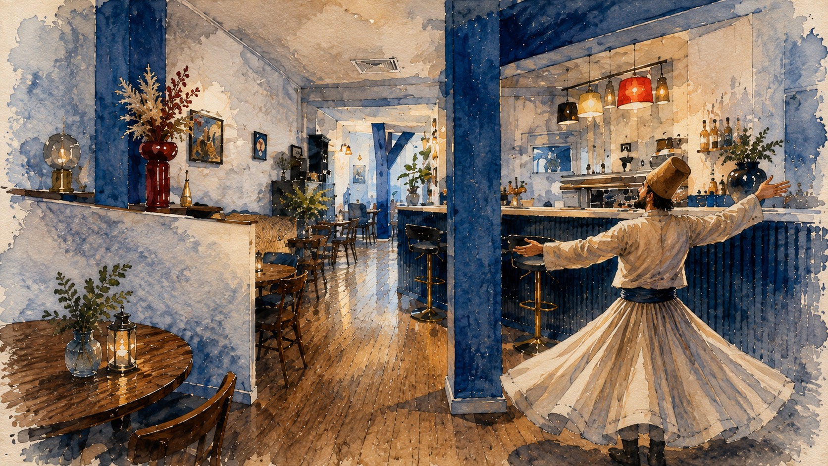 The RUMI Restaurant website: the dining room rendered as a 360° room in the browser, with the navigation drawn across the top and a welcome panel floating mid-room.