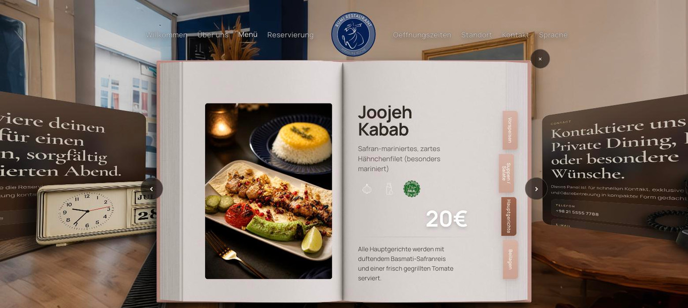 The RUMI menu open in the middle of the 3D scene: a bound book filling the frame, a photograph of Joojeh Kabab on the left page, and on the right the dish name, its description in German, three diet and allergen marks including a green halal seal, and the price 20€. Four course tabs run down the right edge of the book.